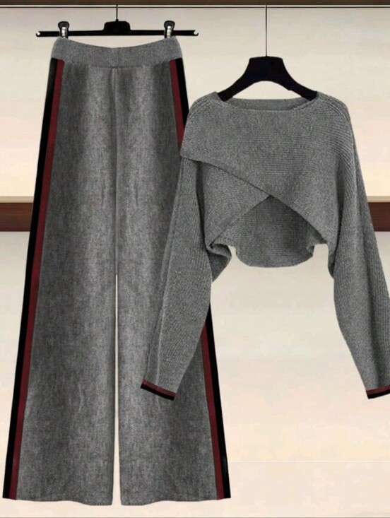 Pants - Gray Long Sleeve Knit Sweater Women's New Casual Loose Top, Paired With Striped